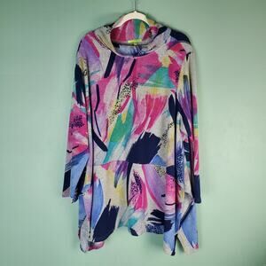 Trisha Tyler Multicolored Brush Knit Abstract Mock Neck Asymmetrical Sweater 2X